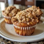 A close-up view of freshly baked apple cinnamon streusel muffins with a golden-brown topping.