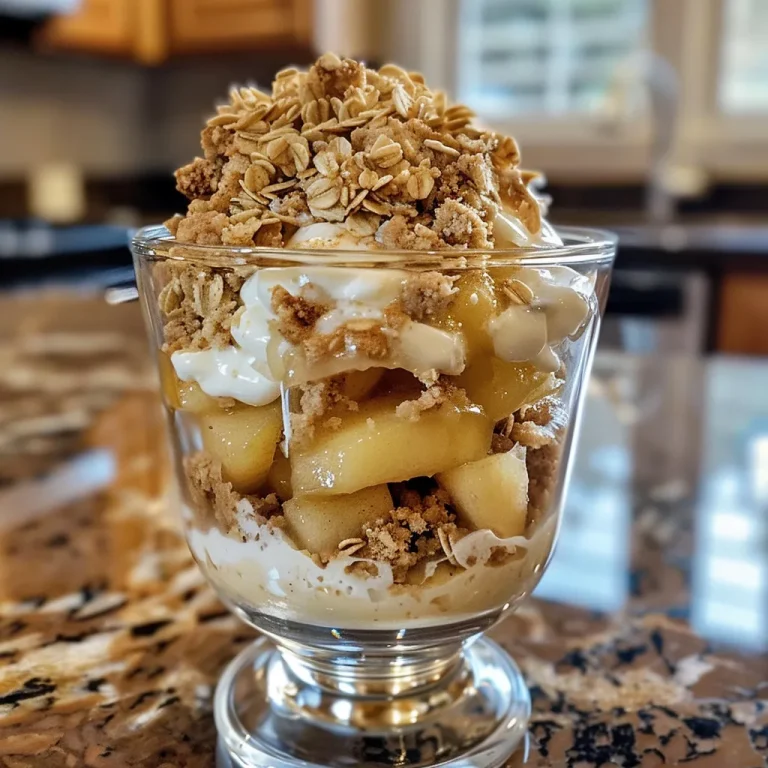 Delightful Layers Your Easy Apple Crumble in a Glass Recipe Close-up of a glass filled with layered apple crumble dessert.