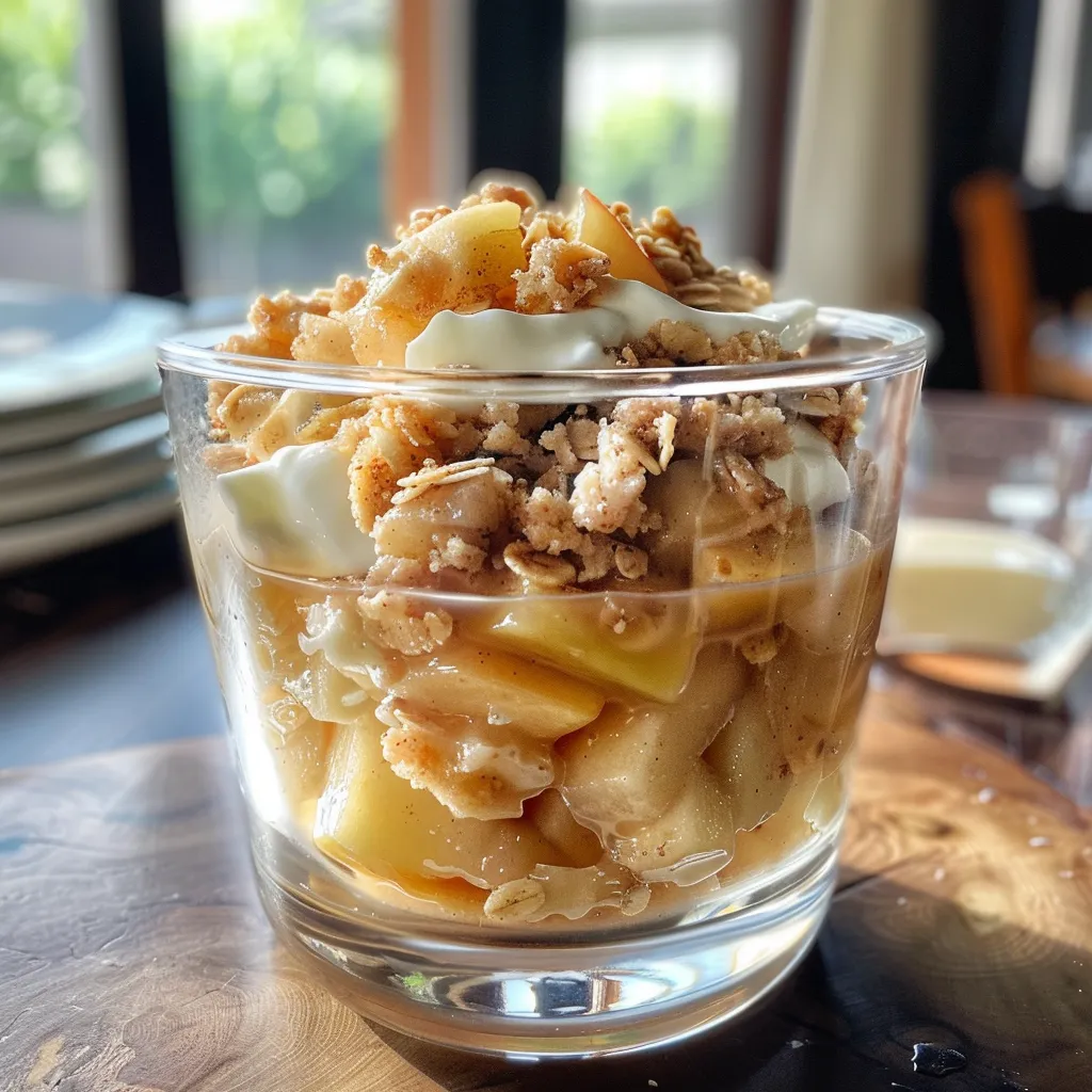 Side view of an apple crumble served in a transparent glass.