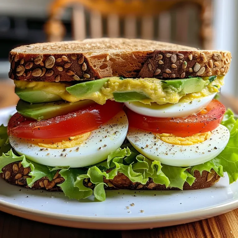 An appetizing avocado egg sandwich with colorful ingredients, including ripe avocado, hard-boiled eggs, and fresh tomatoes.