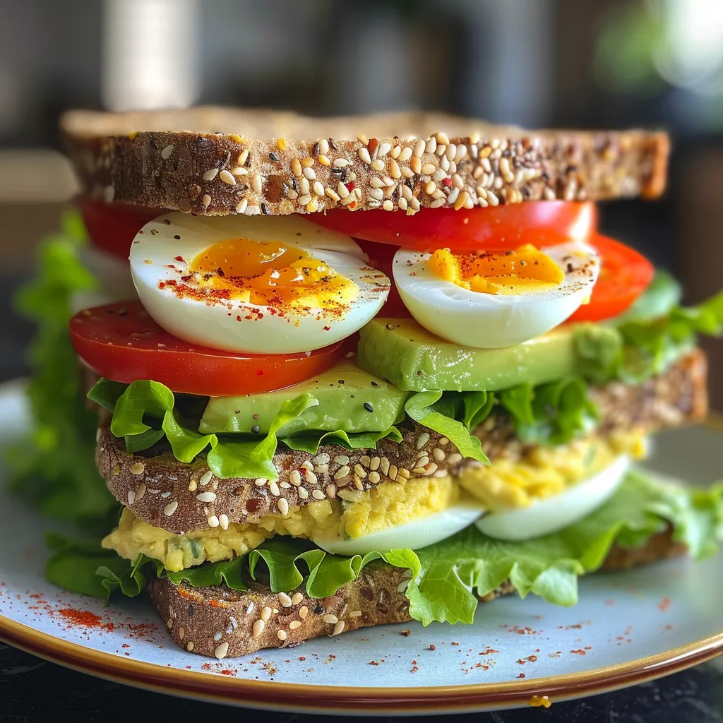 A deliciously stacked avocado egg sandwich featuring lettuce, tomatoes, and spices, viewed from the side.