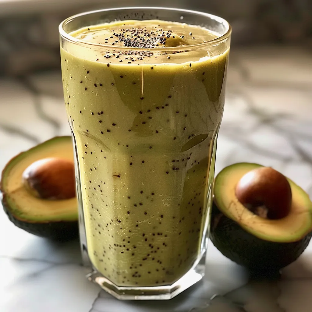 Side view of a luscious avocado smoothie with a green hue, placed on a wooden surface.