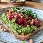 Close-up of avocado toast topped with beet hummus, tomatoes, and microgreens on whole-grain bread.