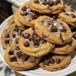 A close-up side view of a stack of golden-brown chocolate chip cookies, showcasing their soft texture.