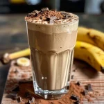 A refreshing beverage made from banana and cocoa, displayed in a clear glass with milk ingredients visible.