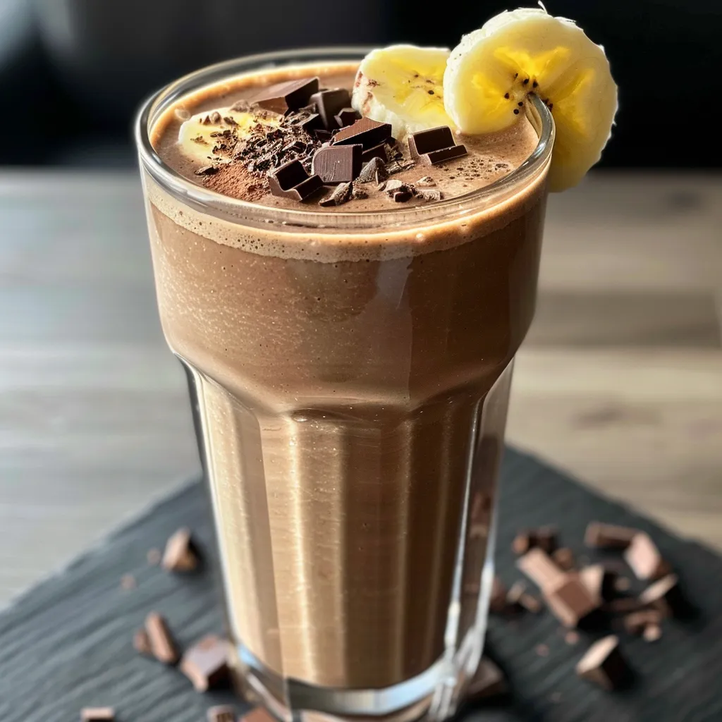 A tantalizing banana and cocoa shake in a glass, emphasizing its thick texture.