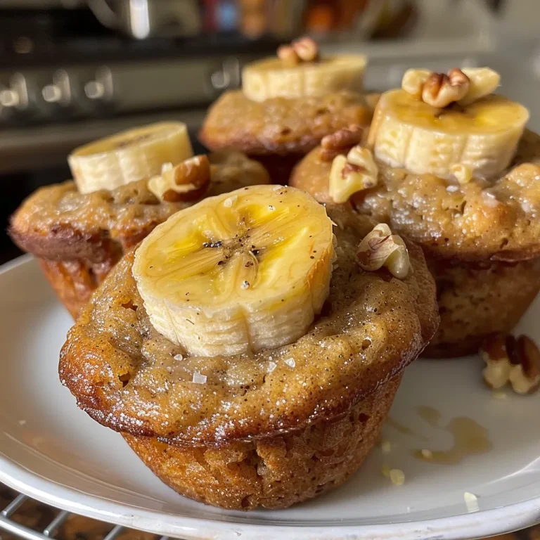 Close-up view of a freshly baked banana nut muffin with nuts and a golden top.