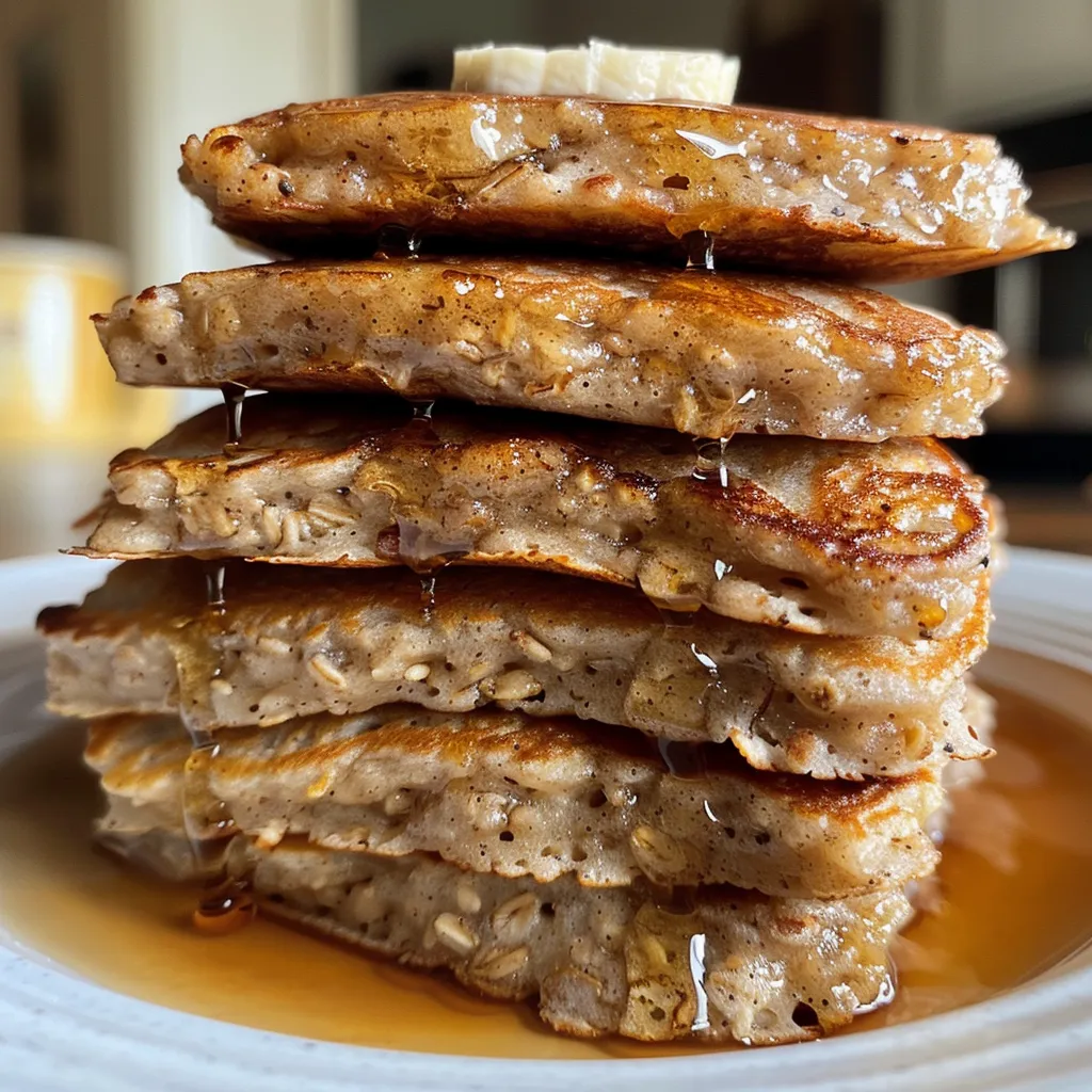 Side view of golden-brown banana oatmeal pancakes drizzled with syrup.