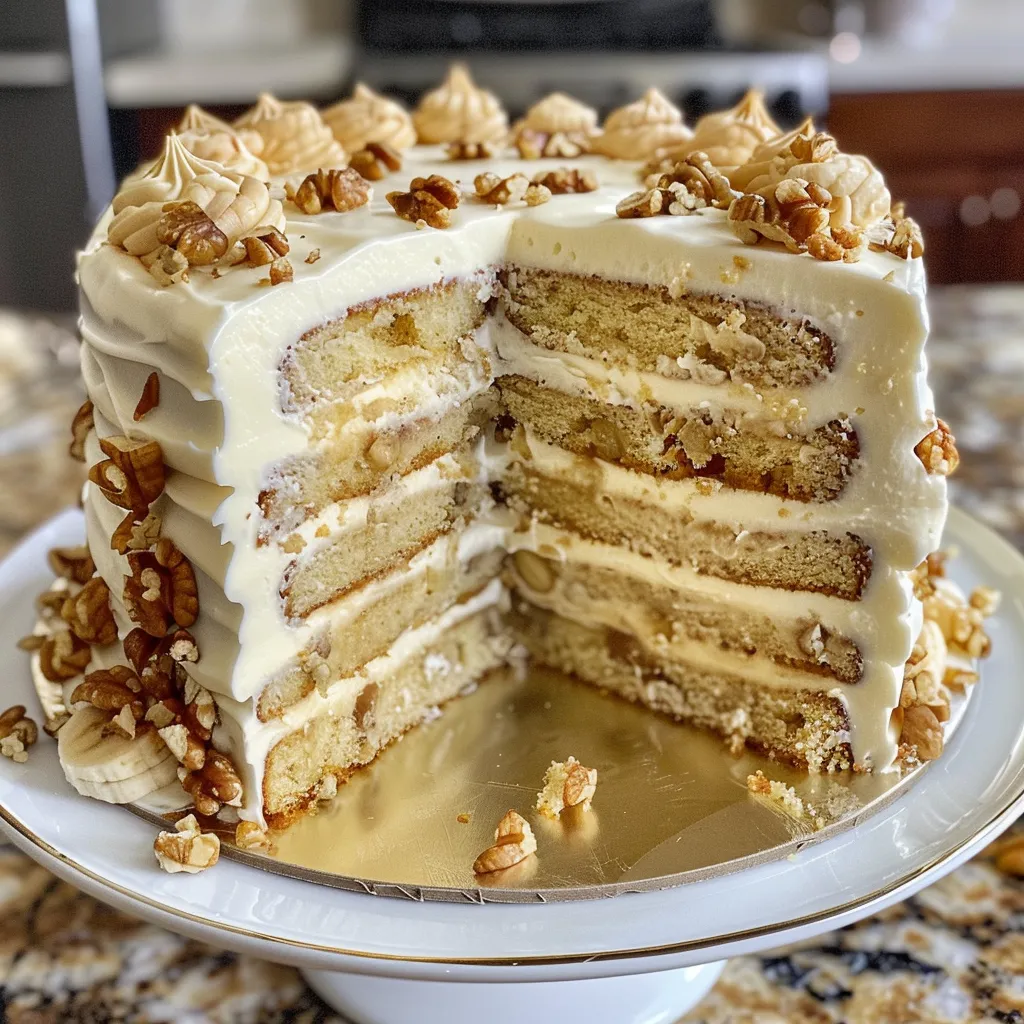 Juicy Banana Walnut Cream Cake displayed on a rustic wooden table.
