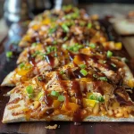 Close-up view of a BBQ Chicken Flatbread topped with melted cheese and colorful bell peppers.