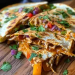 Close-up of a BBQ chicken quesadilla with melted cheese and colorful bell peppers.