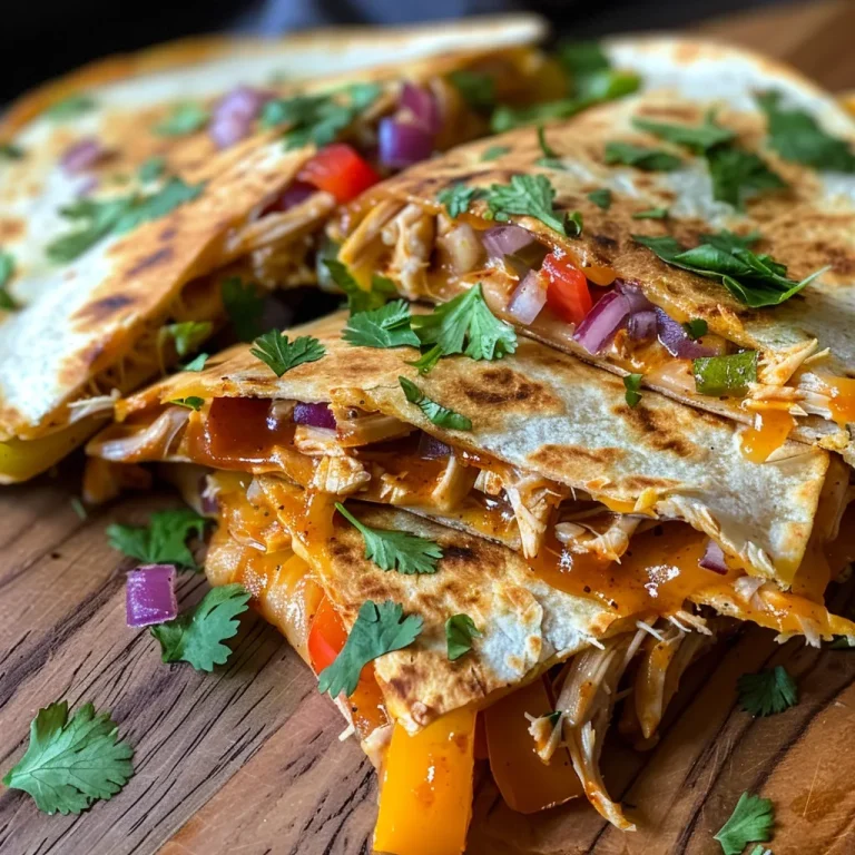 Close-up of a BBQ chicken quesadilla with melted cheese and colorful bell peppers.