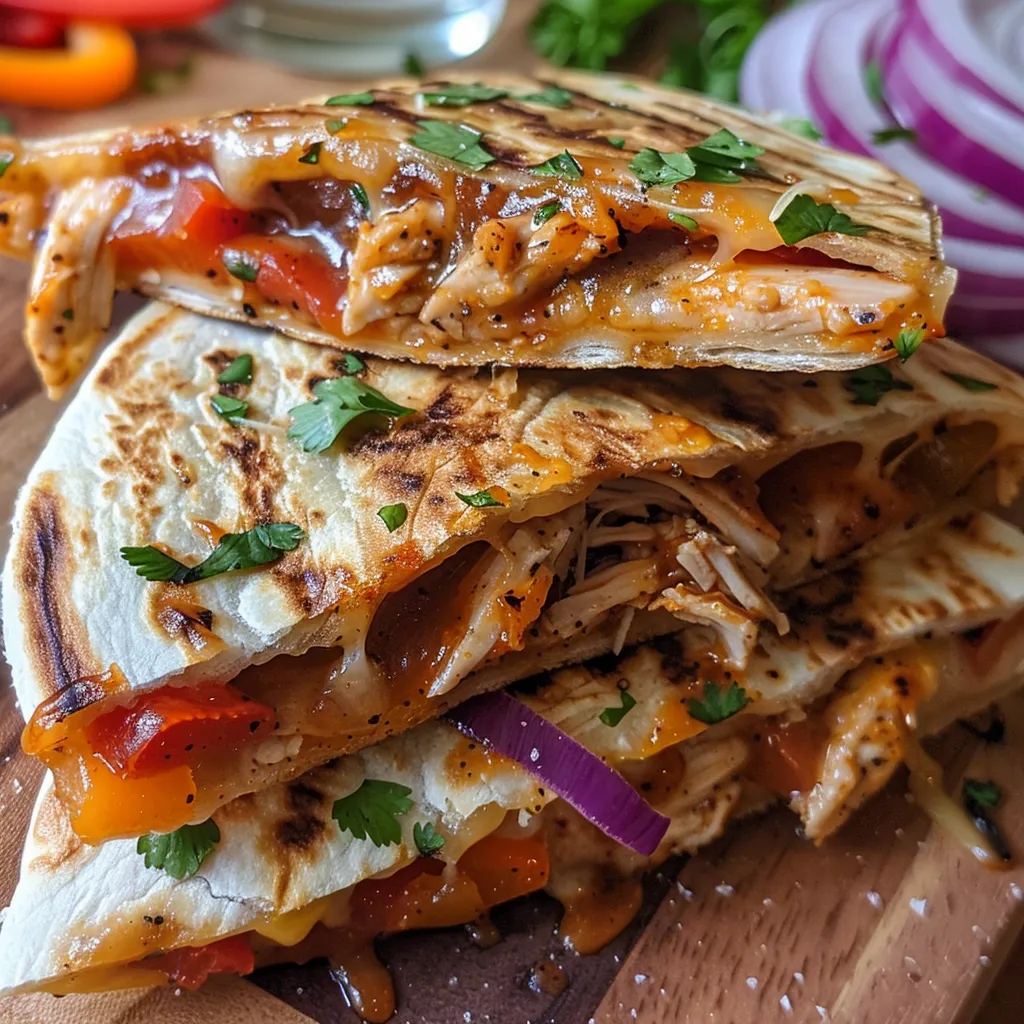 Juicy BBQ chicken quesadilla cut into wedges, showcasing layers of chicken and cheese.