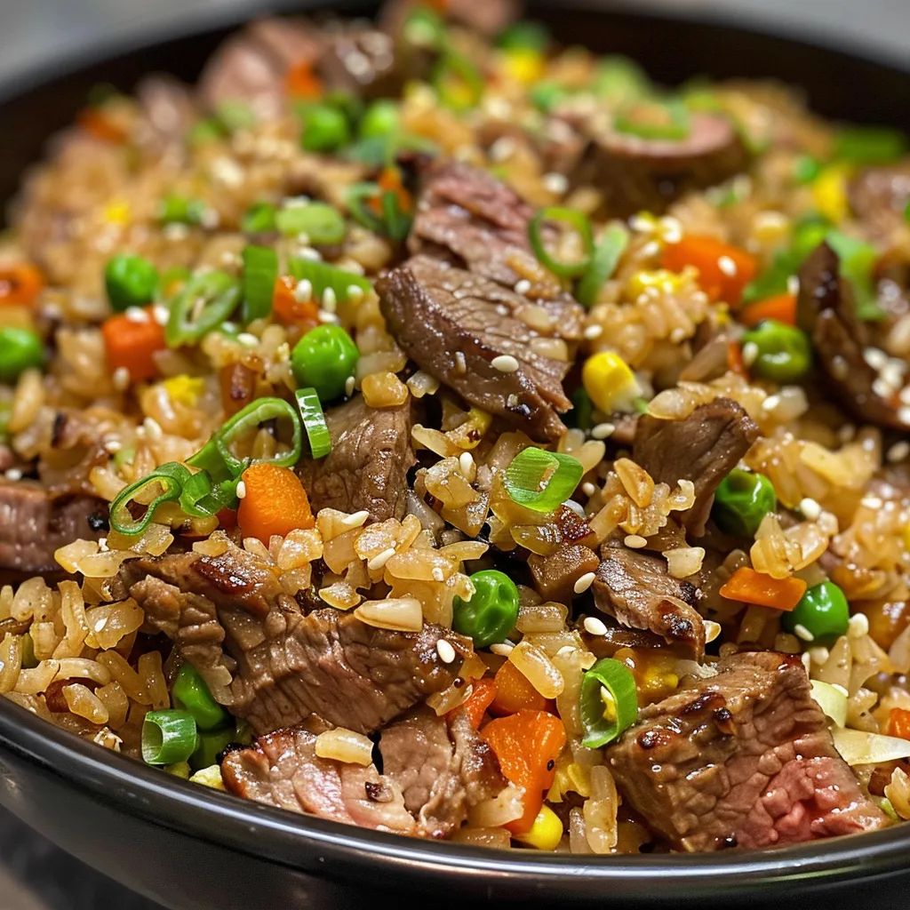 Side angle image of a serving of Beef Fried Rice, featuring succulent beef and a mix of colorful ingredients.