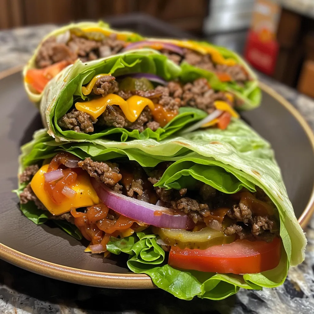 Detailed look at a beef hamburger wrap with visible layers of toppings and sauces.