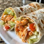 A close-up side view of a Buffalo Chicken Wrap filled with shredded chicken, lettuce, tomatoes, and cheese.