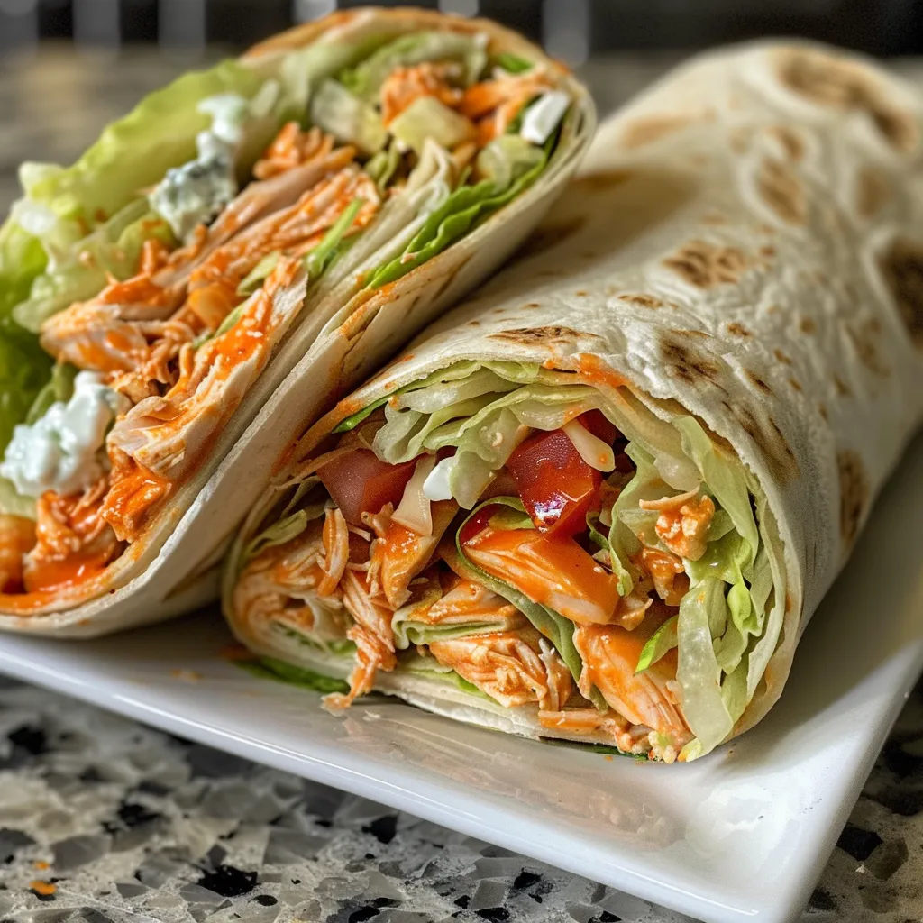 Juicy Buffalo Chicken Wrap showing colorful ingredients like romaine lettuce and diced tomatoes from a side angle.