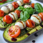 Side view of a halved avocado filled with colorful Caprese salad ingredients.