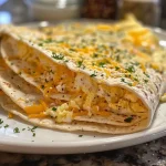 Juicy cheese and egg breakfast wrap neatly folded on a wooden table.