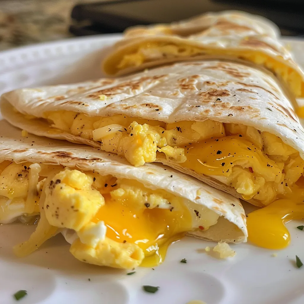 Appetizing close-up of a golden-brown breakfast wrap filled with cheese and eggs.