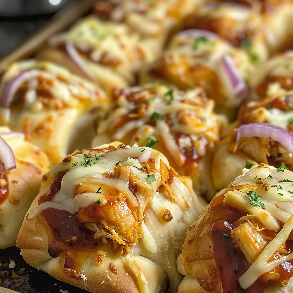 Side view of delicious BBQ chicken pizza rolls, with melted cheese and chopped red onions visible.