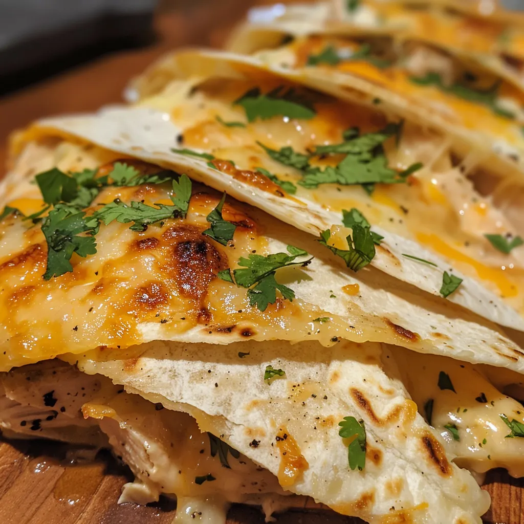 Side angle of a juicy chicken wrap filled with garlic, cheese, and fresh herbs.