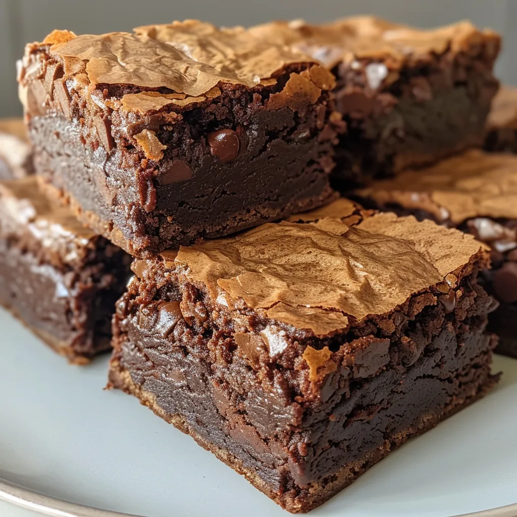 Side view of decadent brownies showcasing chocolate chips.