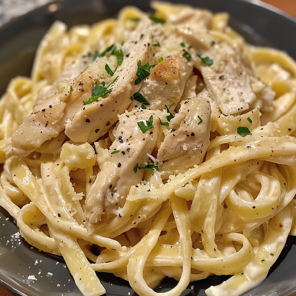 Side view of Chicken Alfredo pasta featuring diced chicken and a rich, white sauce glistening in light.