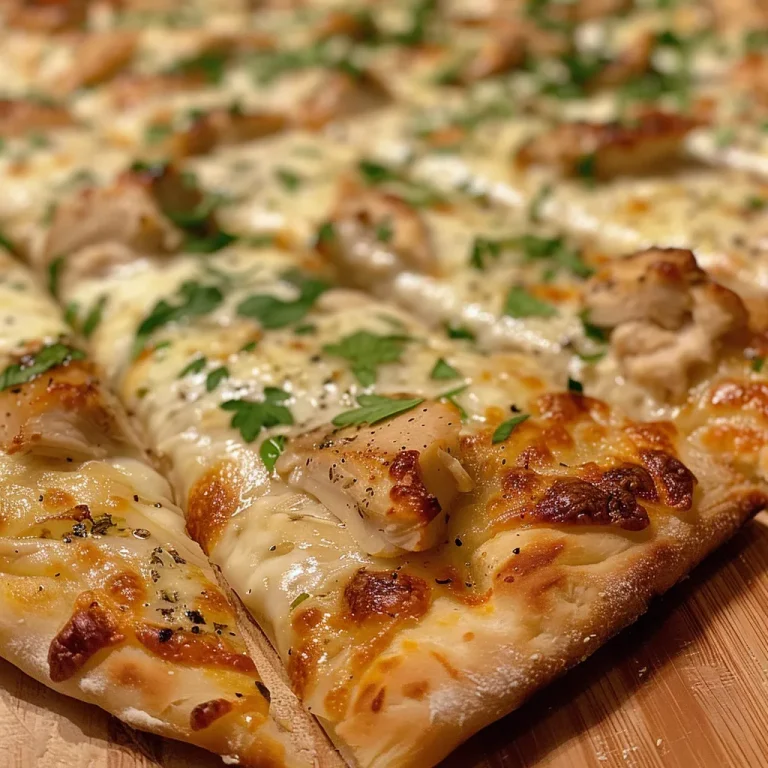 A close-up side view of Chicken Alfredo Pizza with melted cheese and shredded chicken.