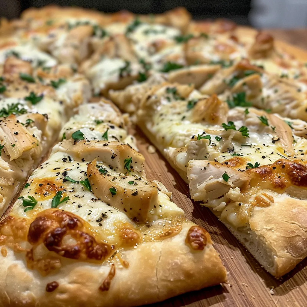 A detailed shot of Chicken Alfredo Pizza showcasing creamy sauce and toppings.