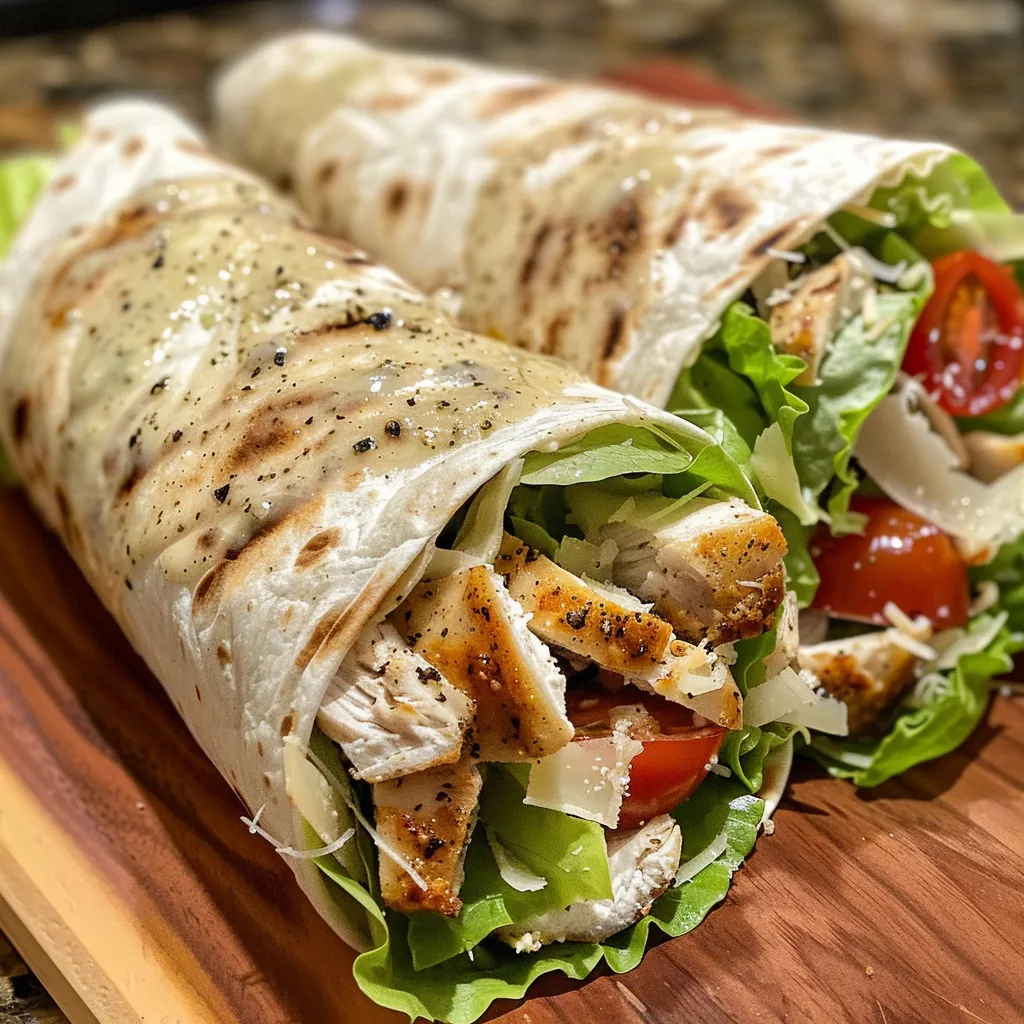 Side view of a Chicken Caesar Wrap, filled with romaine lettuce, chicken, and dressing.