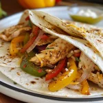 A close-up side view of a juicy Chicken Fajitas Wrap, showcasing colorful ingredients.