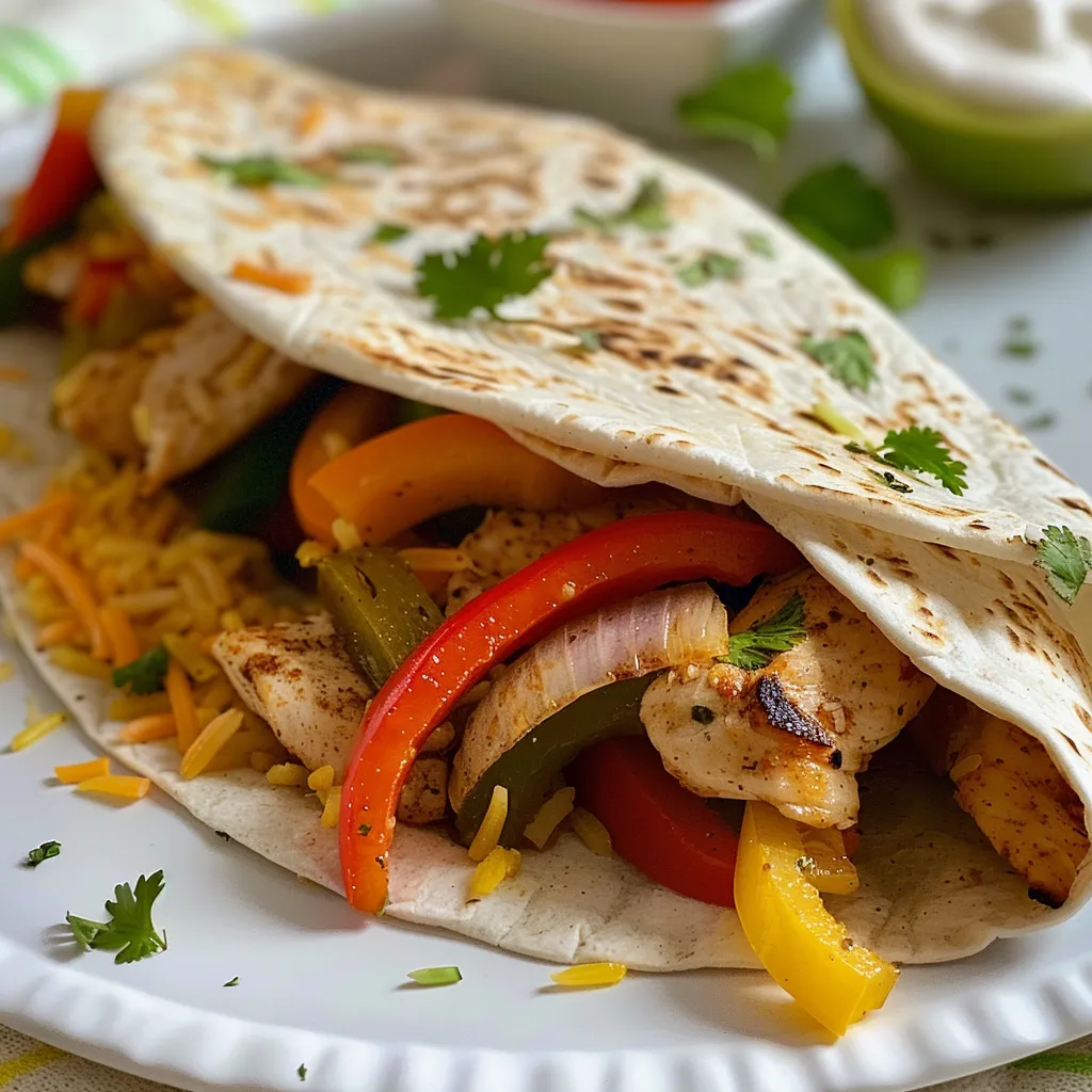 A Chicken Fajitas Wrap filled with chicken, peppers, onions, and cheese, displayed from the side.