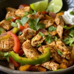 Close-up of a plate of juicy chicken fajitas with colorful vegetables.
