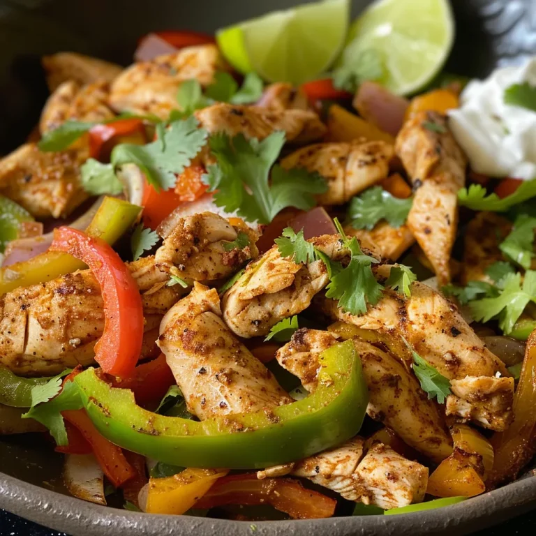 Close-up of a plate of juicy chicken fajitas with colorful vegetables.