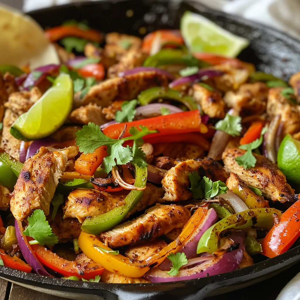 Side view of sizzling chicken fajitas garnished with fresh cilantro and lime.