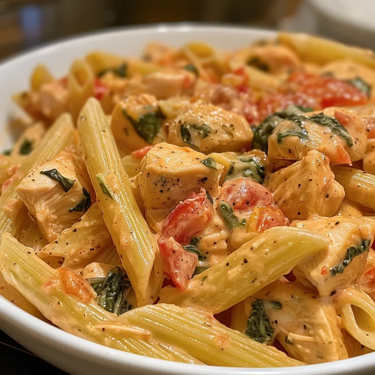 Close-up view of chicken pasta in creamy tomato sauce, showcasing juicy chicken pieces and pasta.