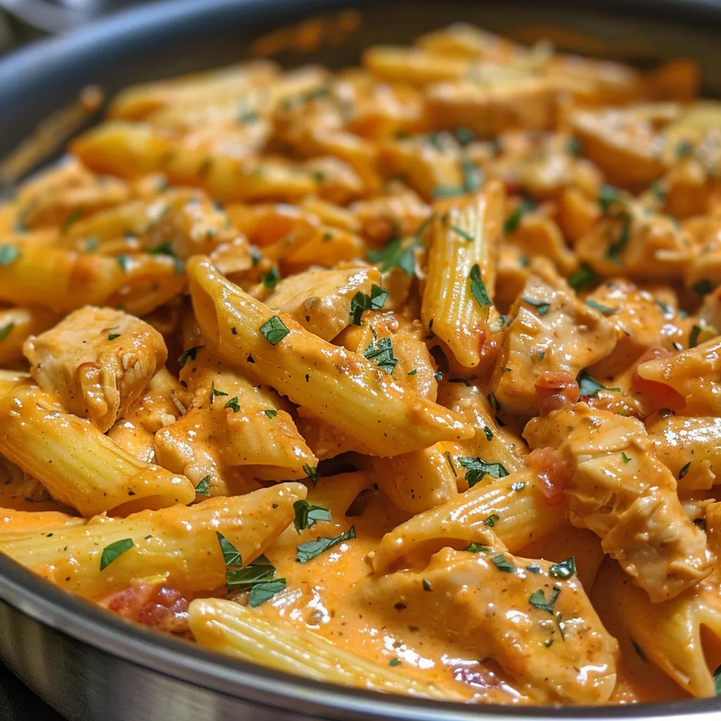 Side angle of a colorful plate of chicken pasta in creamy tomato sauce with herbs and spices.
