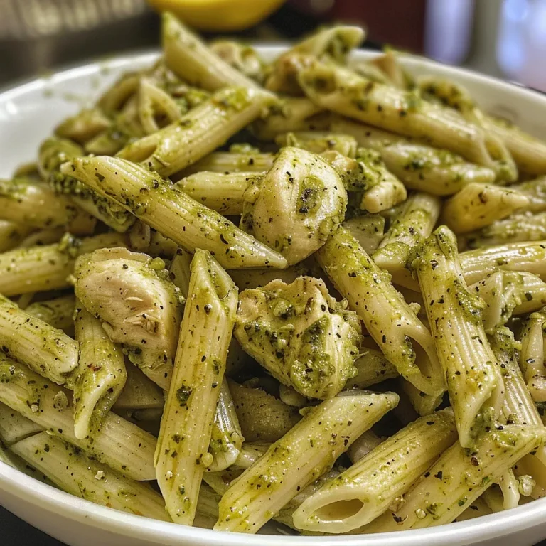 Close-up view of Chicken Pesto Pasta with chicken pieces and pesto sauce.