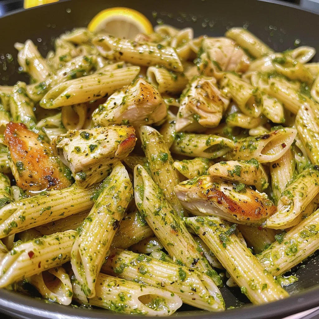 Side view of a plate of Chicken Pesto Pasta, showcasing chicken and green pesto.