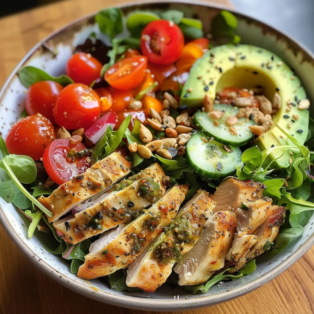 Detailed image of a chicken salad bowl garnished with red bell peppers and a drizzle of olive oil.