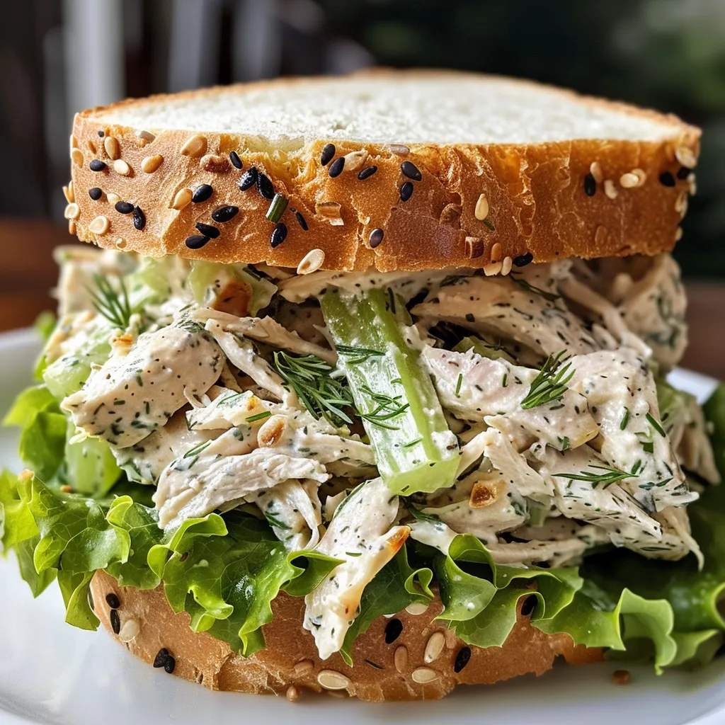 Side angle photo of a juicy Chicken Salad Sandwich on white bread with lettuce.