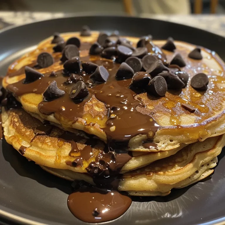Delightful Chocolate Chip Pancakes A Sweet Start to Your Morning Close-up view of fluffy chocolate chip pancakes, stacked and topped with melted chocolate chips.
