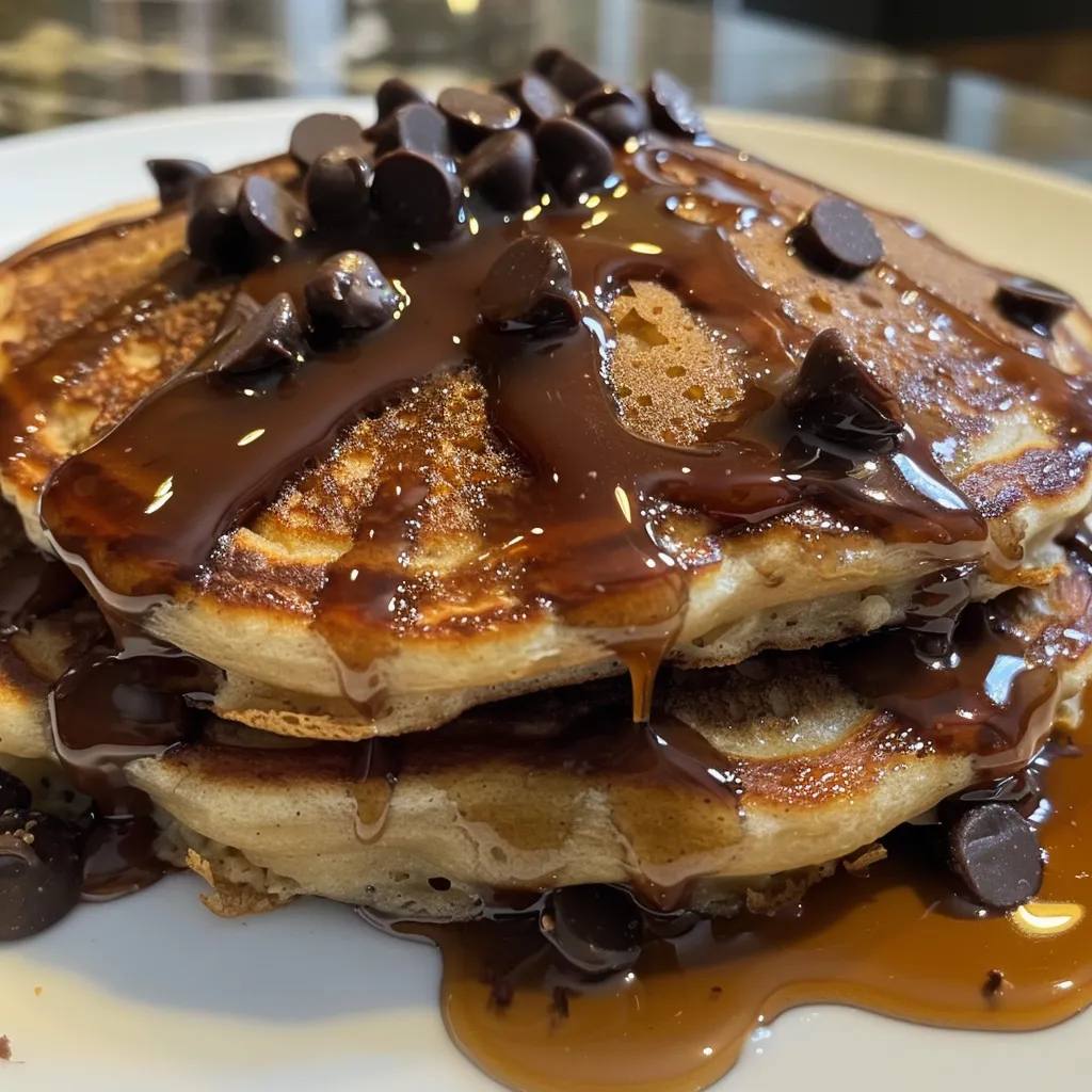 Delicious chocolate chip pancakes on a plate, showcasing a golden-brown surface with chocolate chips.