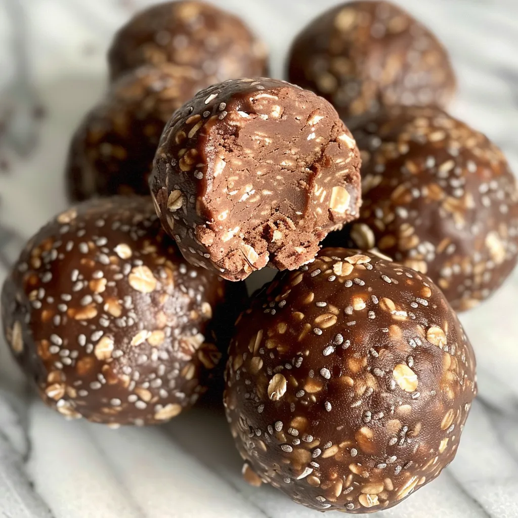A side view of healthy energy bites made from chocolate and oats.