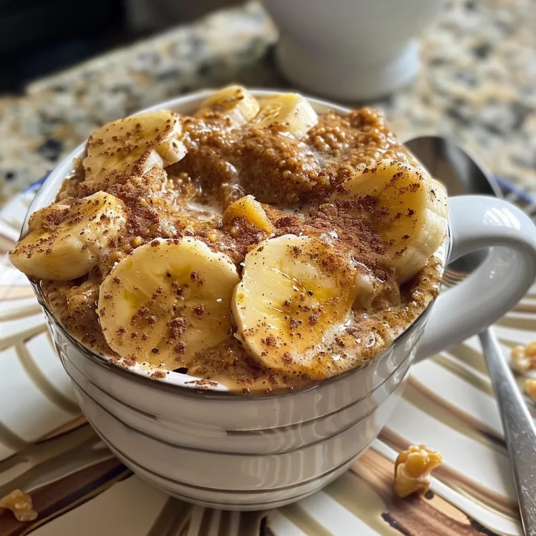 A close-up view of a Cottage Cheese Banana Bread Mug Cake in a white mug, displaying its moist texture and golden-brown color.
