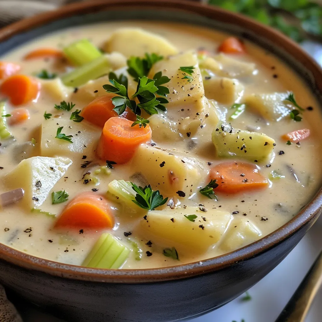 A side view of a hearty cream of vegetable soup, showcasing its creamy consistency and colorful ingredients.