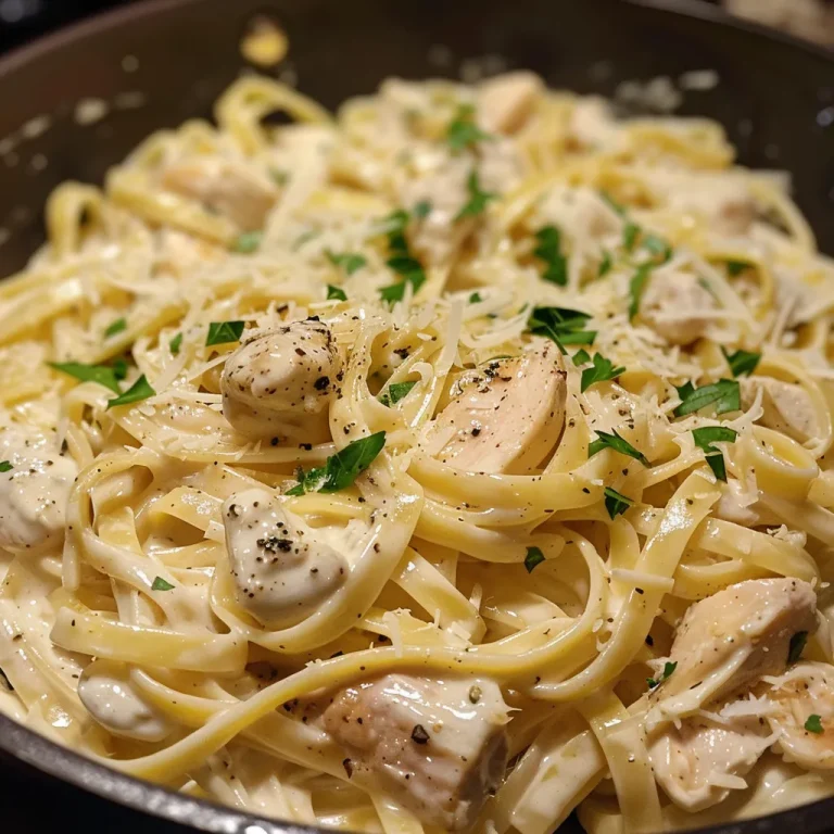Indulge in Comfort The Ultimate Creamy Chicken Alfredo Pasta Recipe Close-up view of creamy chicken Alfredo pasta with a rich sauce and herbs.