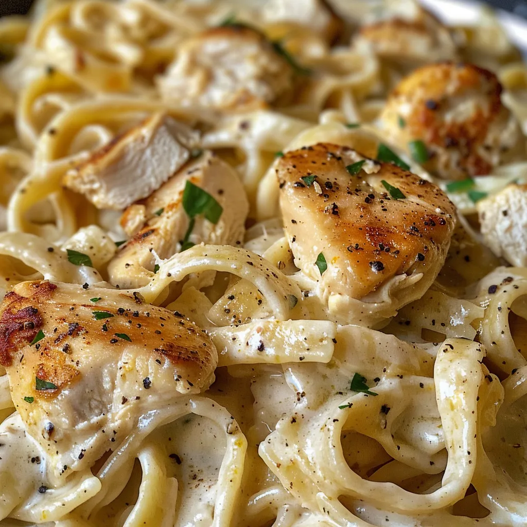 Side view of a bowl filled with juicy chicken Alfredo pasta, garnished with parsley.