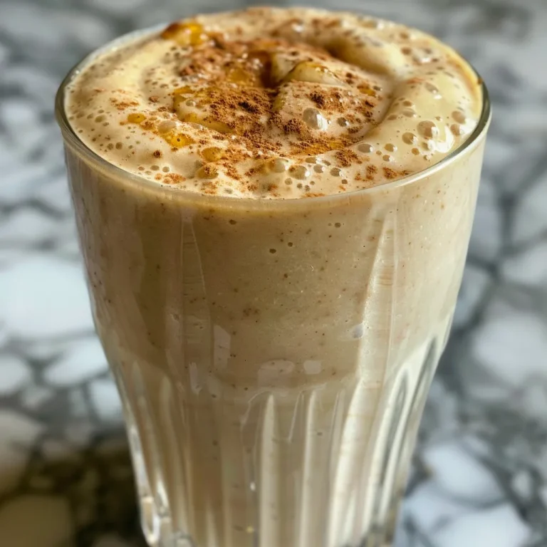 Revitalize Your Morning with a Creamy Apple Banana Bliss Smoothie Close-up side view of a creamy apple banana smoothie in a clear glass with fruit pieces visible.